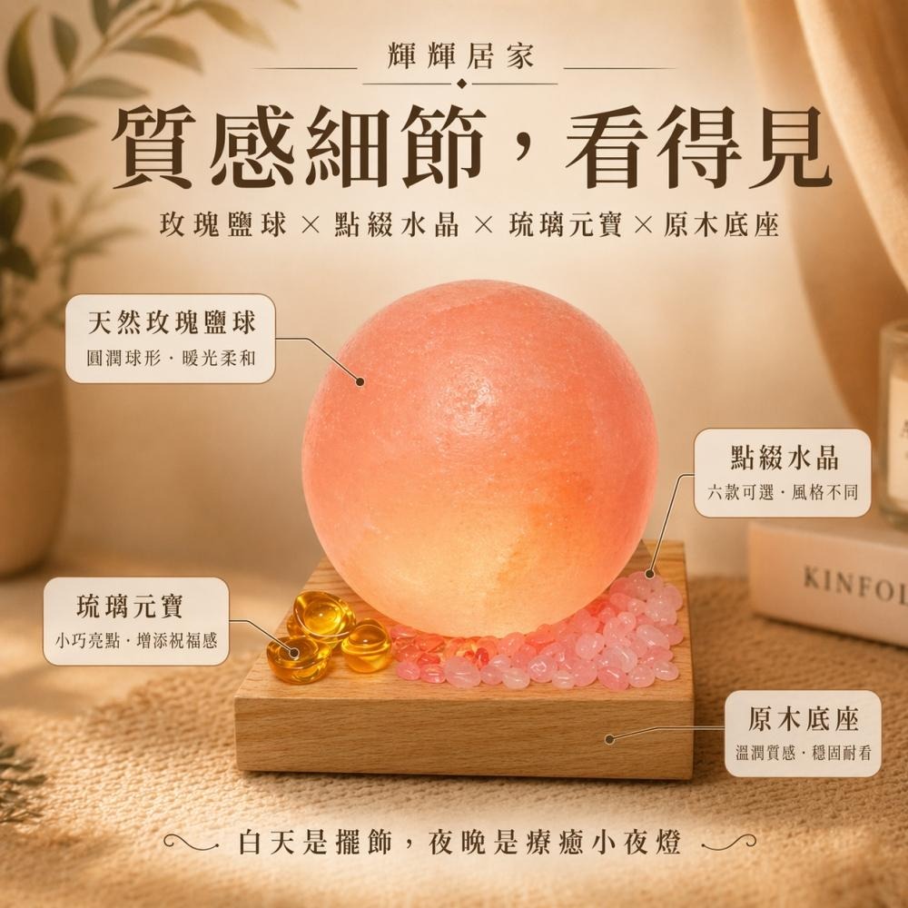 輝輝居家｜USB圓球鹽燈 六款能量水晶可選 小夜燈 桌面擺件 玄關床頭燈 送禮推薦-細節圖4