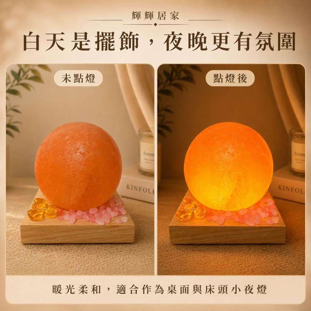 輝輝居家｜USB圓球鹽燈 六款能量水晶可選 小夜燈 桌面擺件 玄關床頭燈 送禮推薦-細節圖8