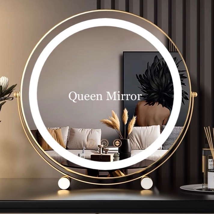 《免運費 台灣現貨秒出》可旋轉LED三色調光大圓鏡「鏡面加厚-雙柱底座款」～梳妝鏡/立鏡/美妝鏡 /鏡子/桌面鏡-細節圖2