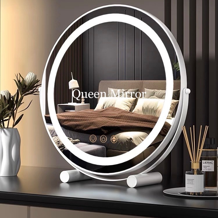 《免運費 台灣現貨秒出》可旋轉LED三色調光大圓鏡「鏡面加厚-雙柱底座款」～梳妝鏡/立鏡/美妝鏡 /鏡子/桌面鏡-細節圖3