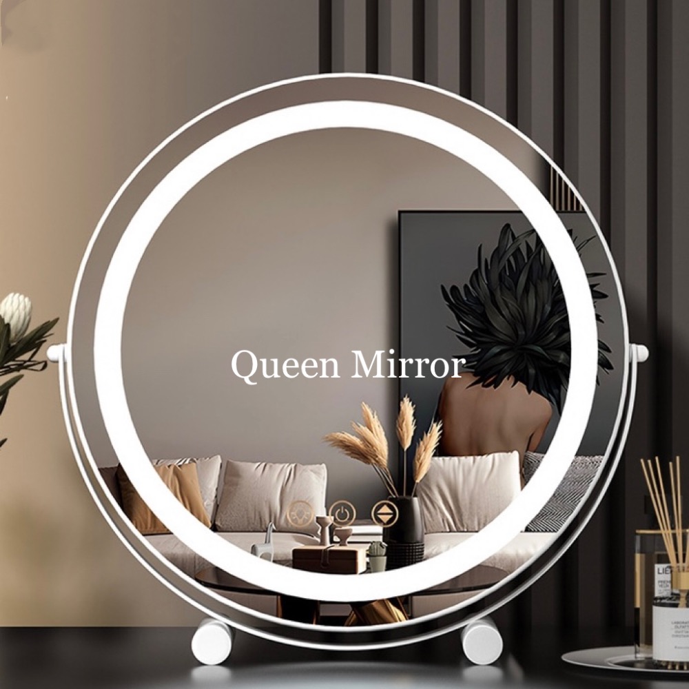 《免運費 台灣現貨秒出》可旋轉LED三色調光大圓鏡「鏡面加厚-雙柱底座款」～梳妝鏡/立鏡/美妝鏡 /鏡子/桌面鏡-細節圖7