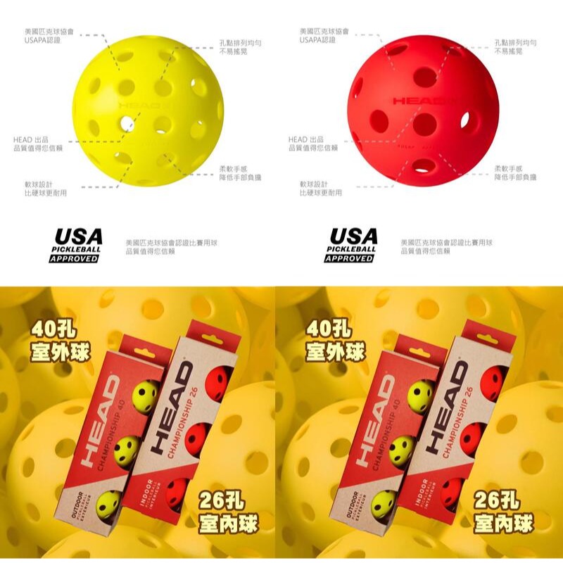 ＂爾東體育＂ HEAD CHAMPIONSHIP 26孔 室內匹克球 40孔 室外匹克球 美國匹克球協會 USAPA認證-細節圖3