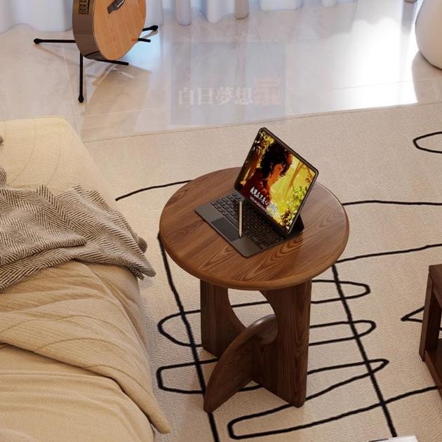 復古原木沙發邊桌 客廳創意角几+茶几 胡桃色復古風木頭圓桌 茶桌，適用客廳、沙發旁，現代與經典融合-細節圖5