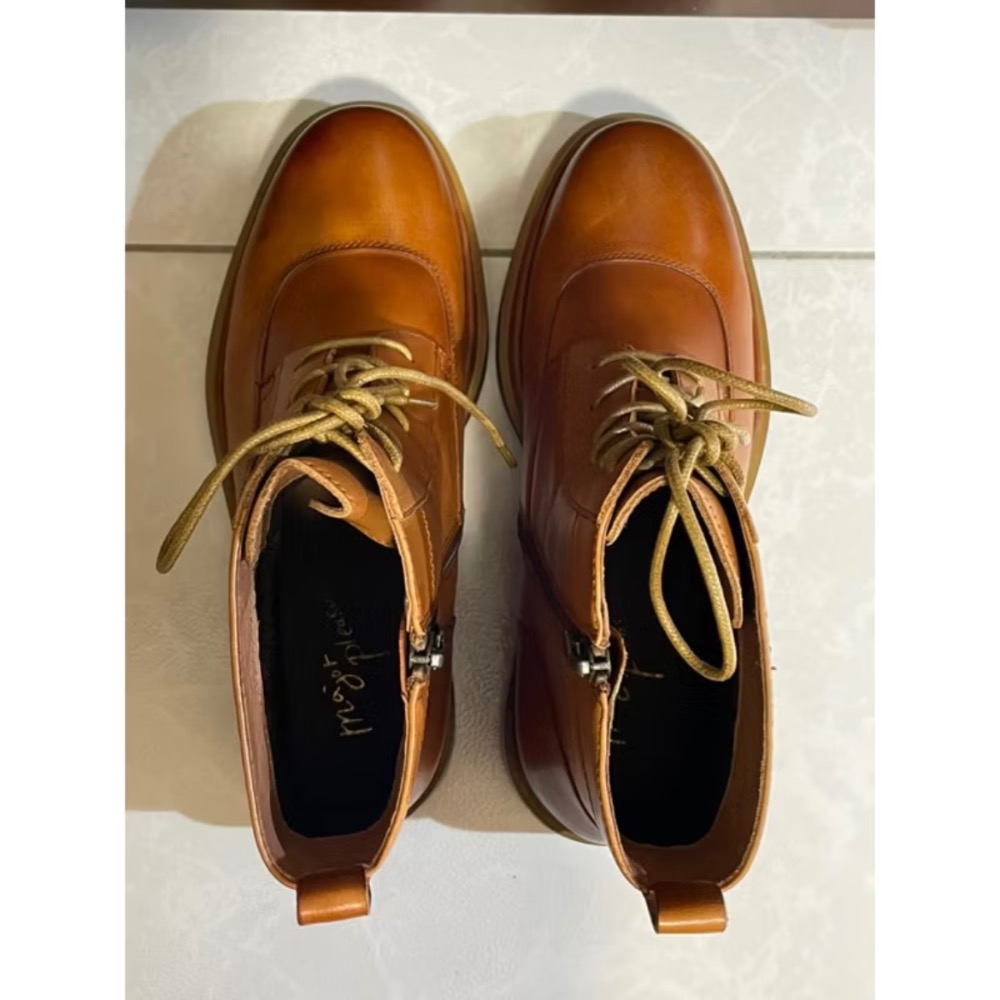 近全新【Major Pleasure】遇見探險家！側拉鍊綁帶靴 棕 真皮靴-蜜胡桃 40號-細節圖2