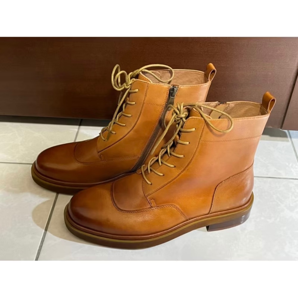 近全新【Major Pleasure】遇見探險家！側拉鍊綁帶靴 棕 真皮靴-蜜胡桃 40號-細節圖4