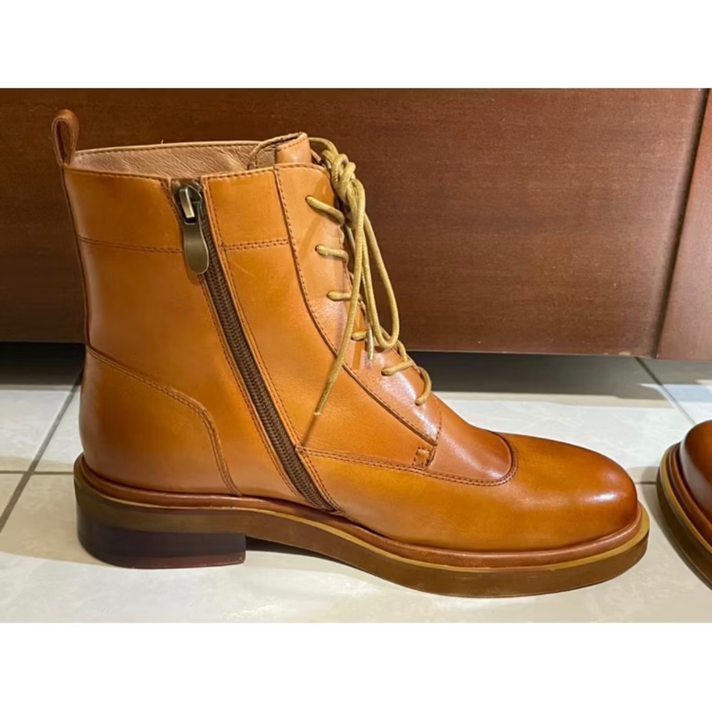 近全新【Major Pleasure】遇見探險家！側拉鍊綁帶靴 棕 真皮靴-蜜胡桃 40號-細節圖6