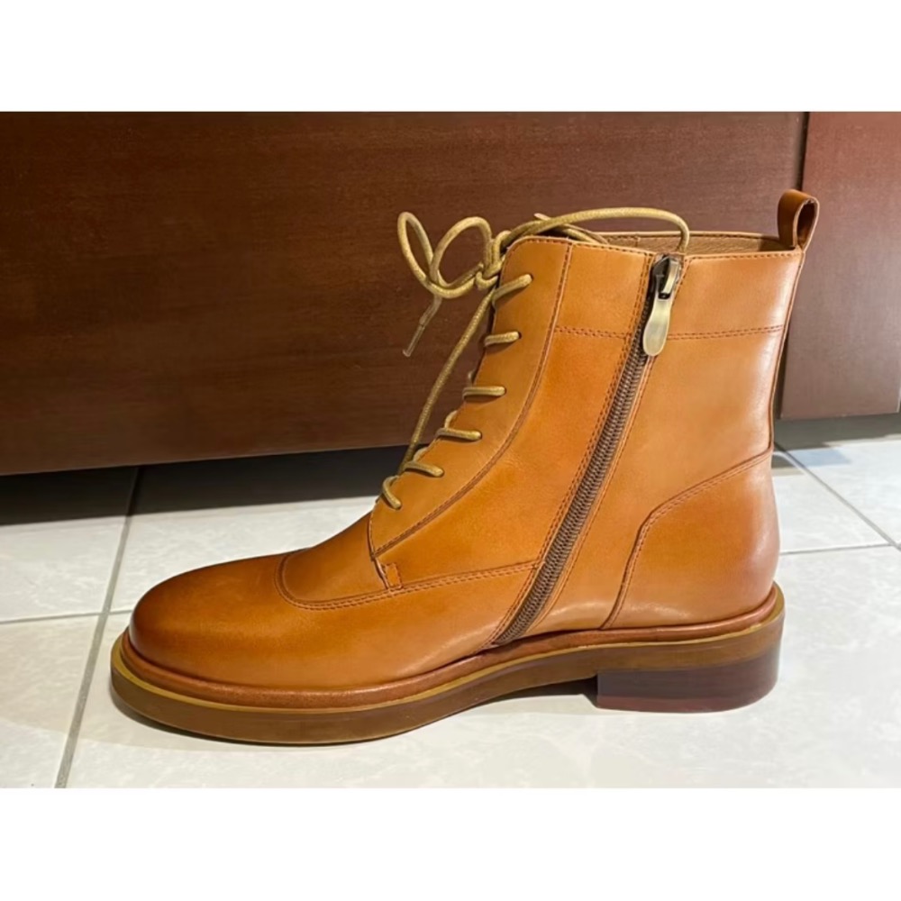 近全新【Major Pleasure】遇見探險家！側拉鍊綁帶靴 棕 真皮靴-蜜胡桃 40號-細節圖7