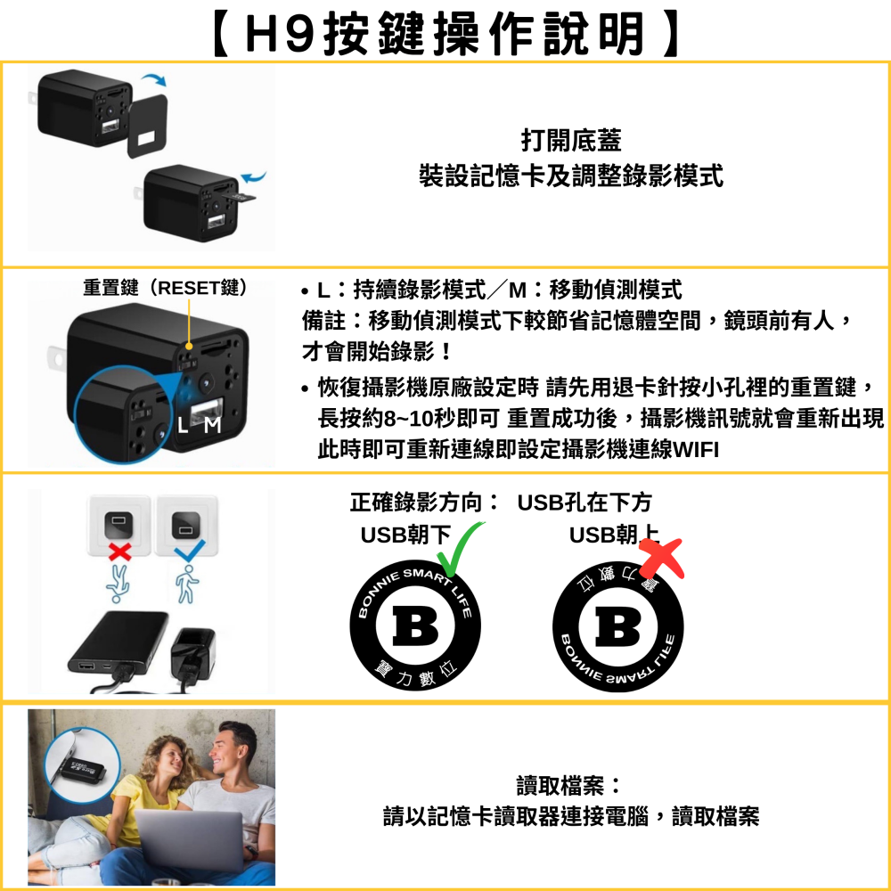 H9 USB充電頭 移動偵測 無孔鏡頭 1080P 無網路版 感應錄影 卡槽隱藏 針孔攝影機 微型攝影機-細節圖3