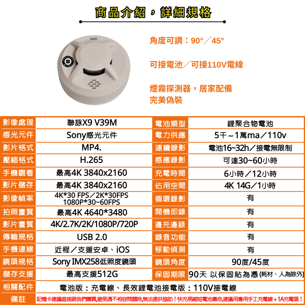 T10煙霧火災警報器 真4K 近程觀看 偵煙器 天然氣探測器 手工組裝 聯詠matecam X9V39M-細節圖4