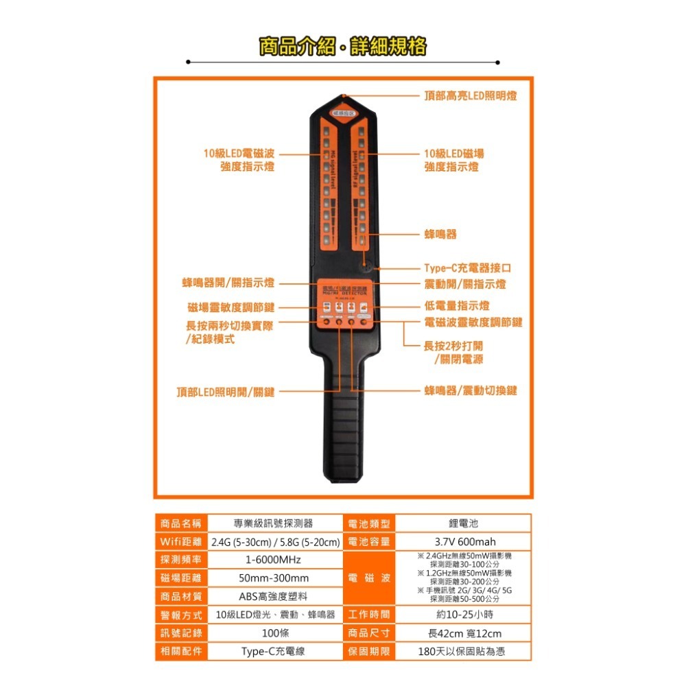 一鍵啟動全都測 GPS Wi-Fi藍牙手機訊號無所遁形 反針孔 反偷拍 反追蹤 反定位 掃描器 探測器(寶力數位華夏店)-規格圖7