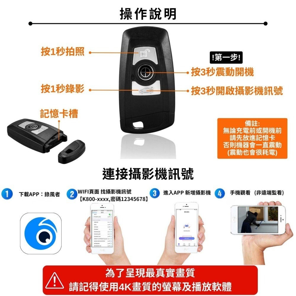 R9 真4K畫質 汽車遙控器造型  SONY鏡頭 超高畫質  IMX179 密錄 針孔 偽裝 攝影機(寶力數位大豐店)-細節圖3