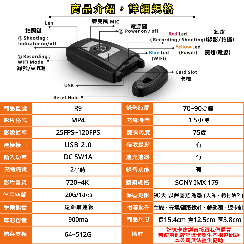 R9 真4K畫質 汽車遙控器造型 4倍無段變焦 SONY鏡頭 超高畫質  密錄 針孔 偽裝攝影機(寶力數位華夏店)-細節圖2