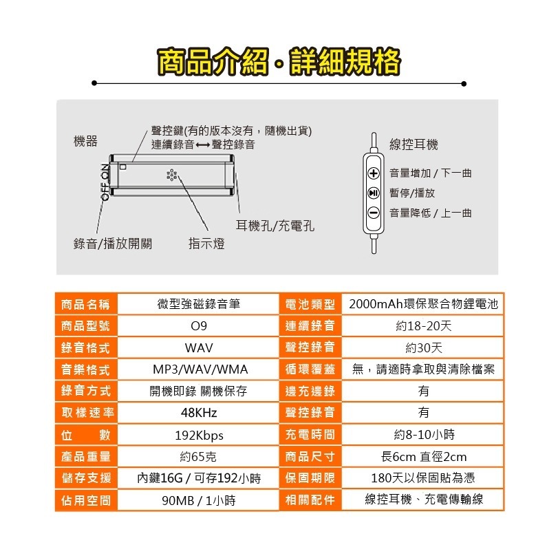 O9 警調專用 徵信社必備 超清晰收音 聲控錄音一個月 強磁MP3錄音筆 內置16G 斷電保存 無聲(寶力數位華夏店)-細節圖2