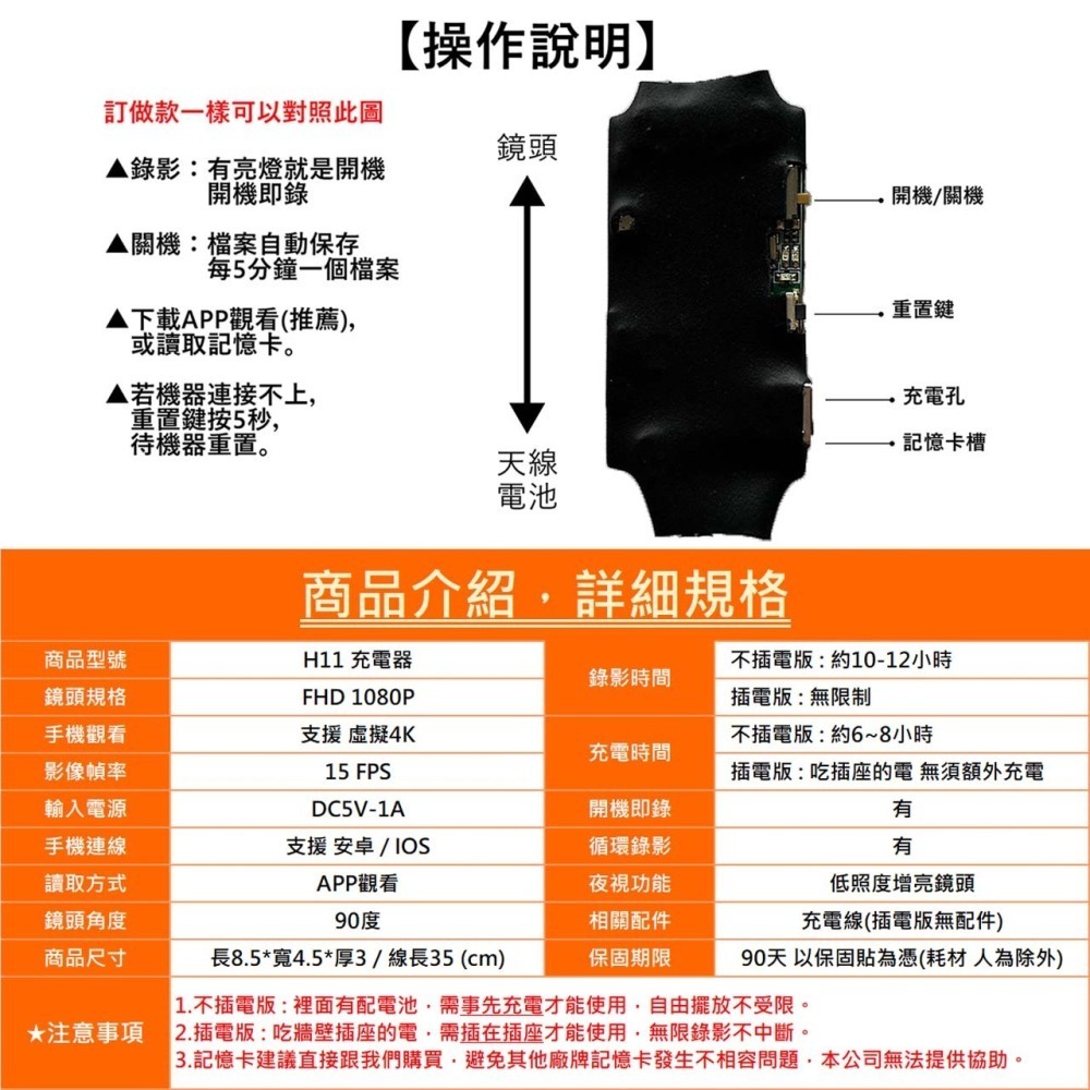 H11 錄影充電器 FHD 遠端觀看 中文APP 入侵通知 自動夜視 WIFI針孔攝影機 密錄器(寶力數位華夏店)-細節圖2