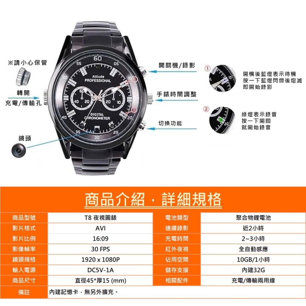 T8 自動紅外夜視圓錶 1080P 連續錄影近2小時(寶力數位華夏店)-細節圖2