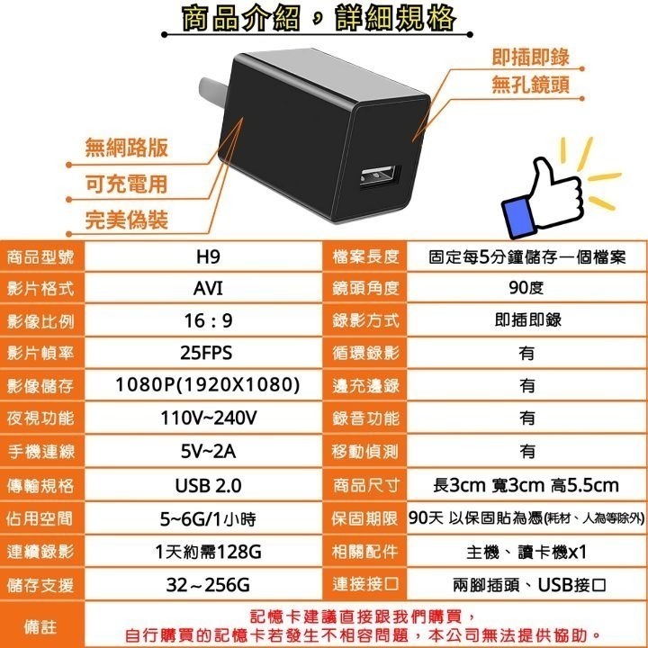 H9 新上架USB充電頭移動偵測無孔鏡頭1080P無網路版卡槽隱藏針孔攝影機監視器微型攝影機【寶力數位 建國總店】-細節圖5