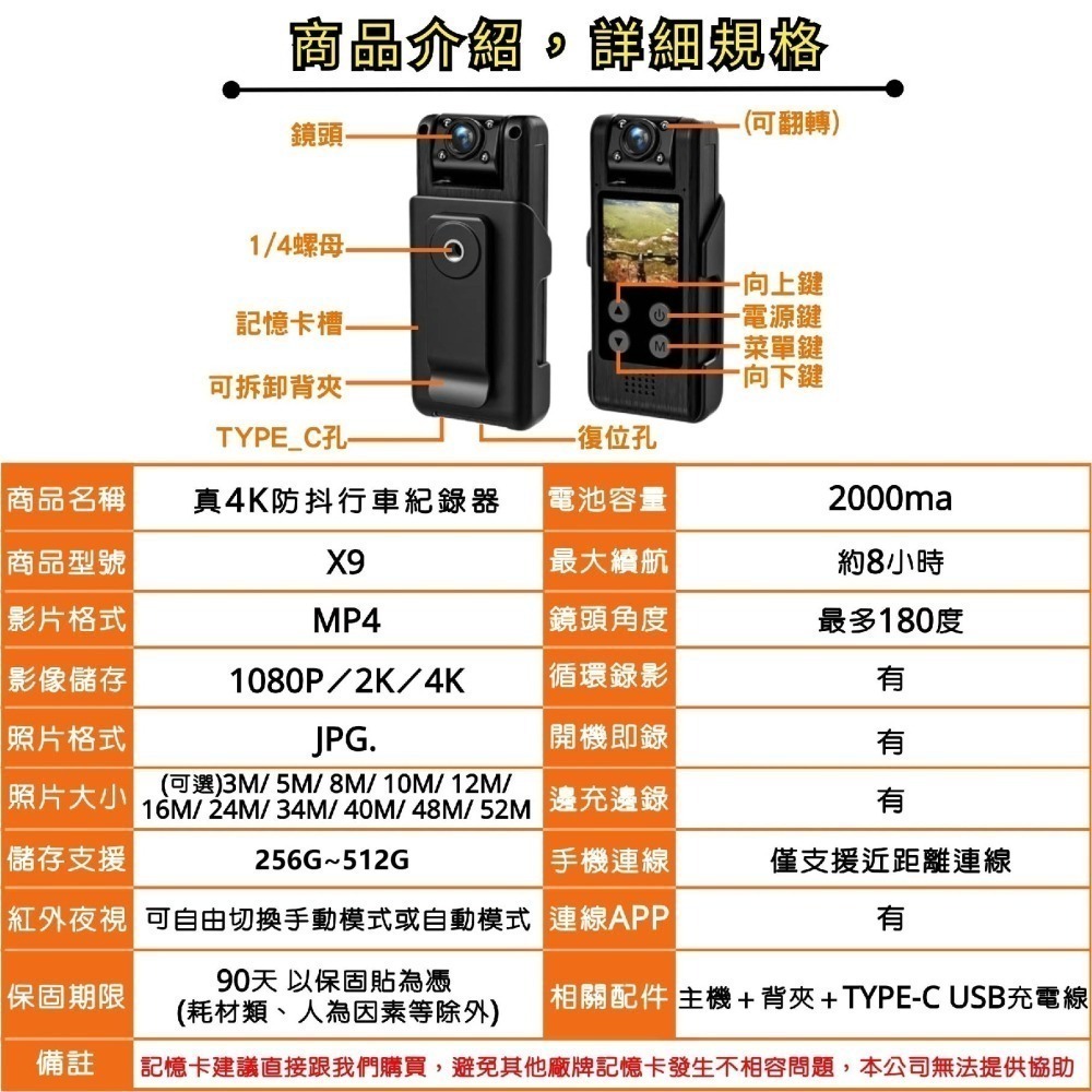 X9 純正4K 行車紀錄器 自動紅外夜視 續航8H 最高支援512G 密錄器 可拆式背夾 【寶力數位建國總店】-細節圖5