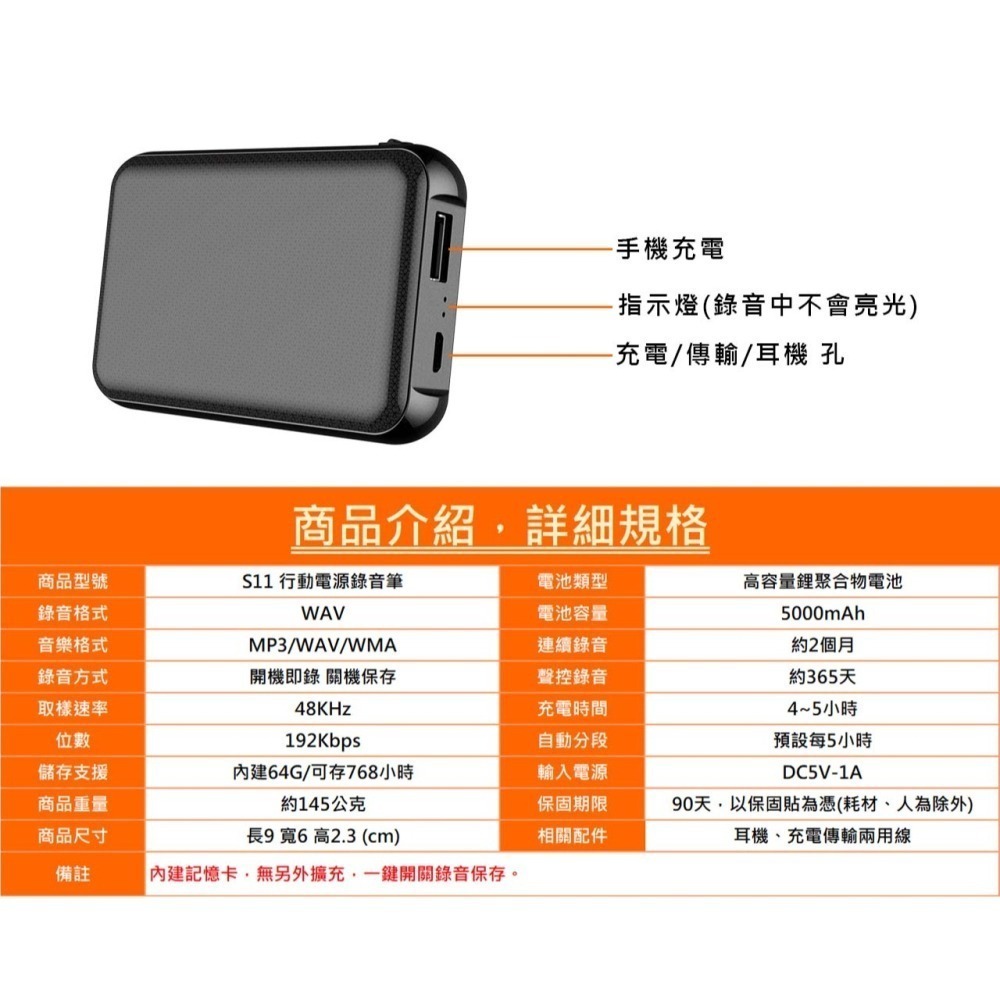 S11 行動電源錄音筆 連續錄音2個月 聲控錄音365天 內建64G 完全偽裝 不須隱藏 密錄器【寶力數位建國總店】-細節圖7
