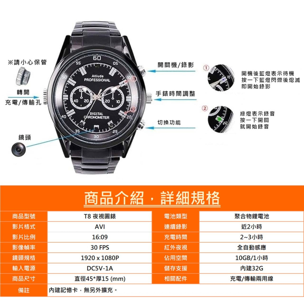 T8 自動紅外夜視圓錶 1080P 連續錄影近2小時 針孔攝影機 密錄器 錄音筆【寶力數位建國總店】-細節圖5