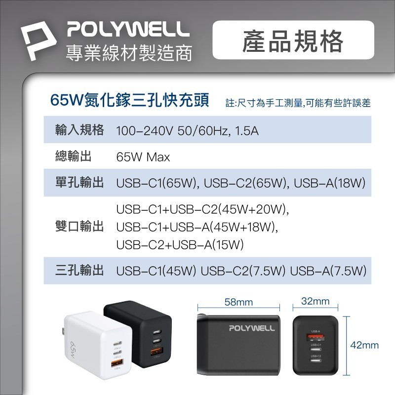 65W三孔PD快充頭【POLYWELL】雙USB-C+USB-A充電器 GaN氮化鎵 BSMI認證【C1-00414】-細節圖3