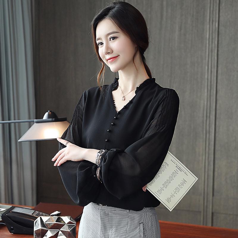 【現貨快速出】柔BuQ❤️◆👍2024春季新款韓版設計感修身V領雪紡衫時尚百搭上衣女長袖💋👏-細節圖3