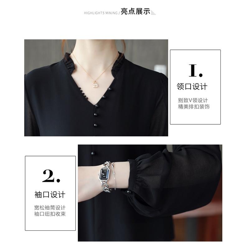 【現貨快速出】柔BuQ❤️◆👍2024春季新款韓版設計感修身V領雪紡衫時尚百搭上衣女長袖💋👏-細節圖6