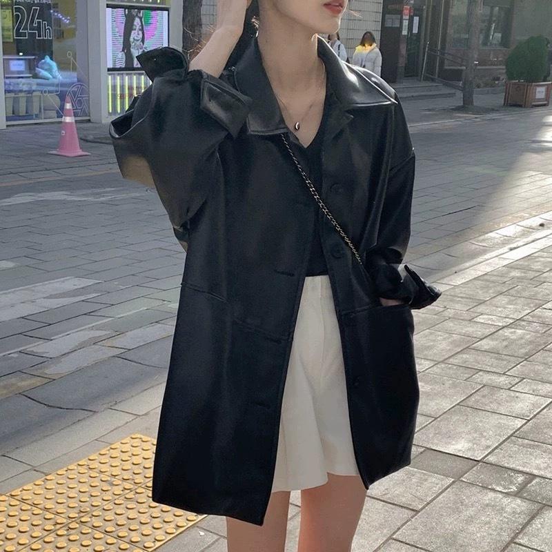 【現貨快速出】柔BuQ❤️韓國帥氣翻領單排扣皮衣外套女秋季新款寬鬆百搭仿皮夾克上衣🌼🌵-細節圖2