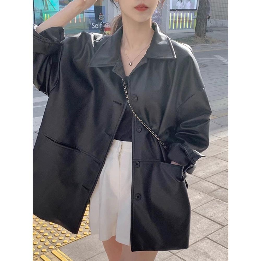 【現貨快速出】柔BuQ❤️韓國帥氣翻領單排扣皮衣外套女秋季新款寬鬆百搭仿皮夾克上衣🌼🌵-細節圖4