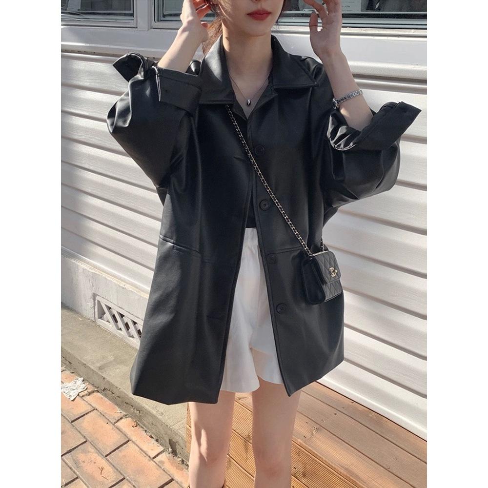 【現貨快速出】柔BuQ❤️韓國帥氣翻領單排扣皮衣外套女秋季新款寬鬆百搭仿皮夾克上衣🌼🌵-細節圖5