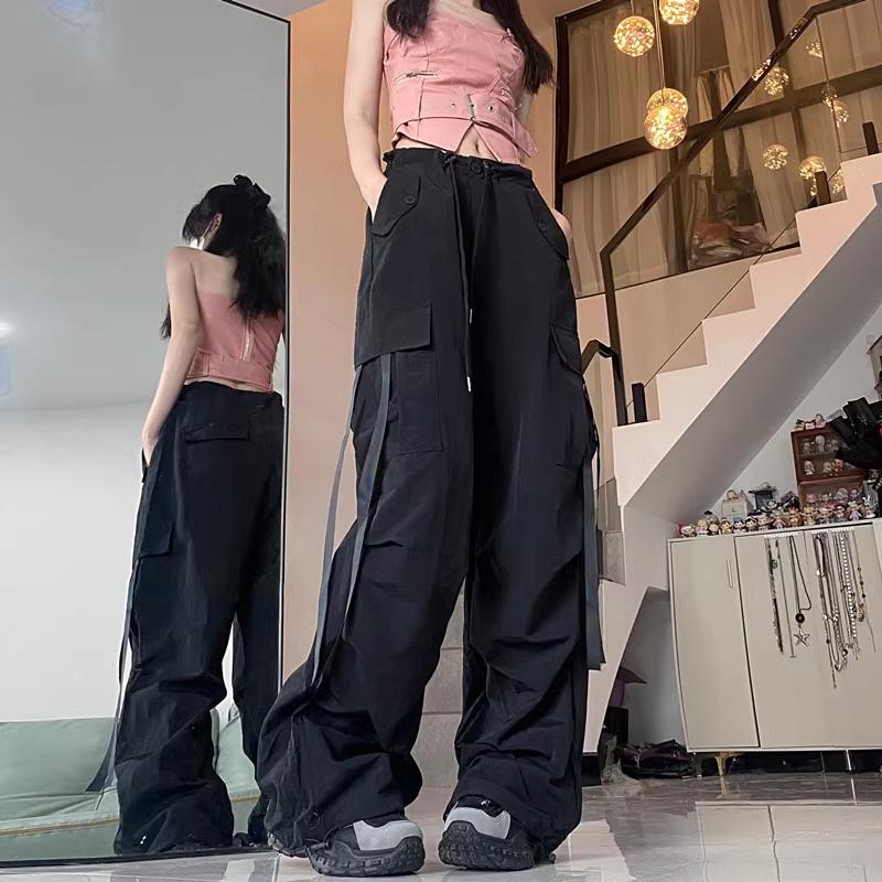 【現貨快速出】柔BuQ❤️👌▲實拍#美式工裝褲子女夏新款寬鬆設計感抽繩直筒束腳闊腿褲潮💘❤-細節圖2