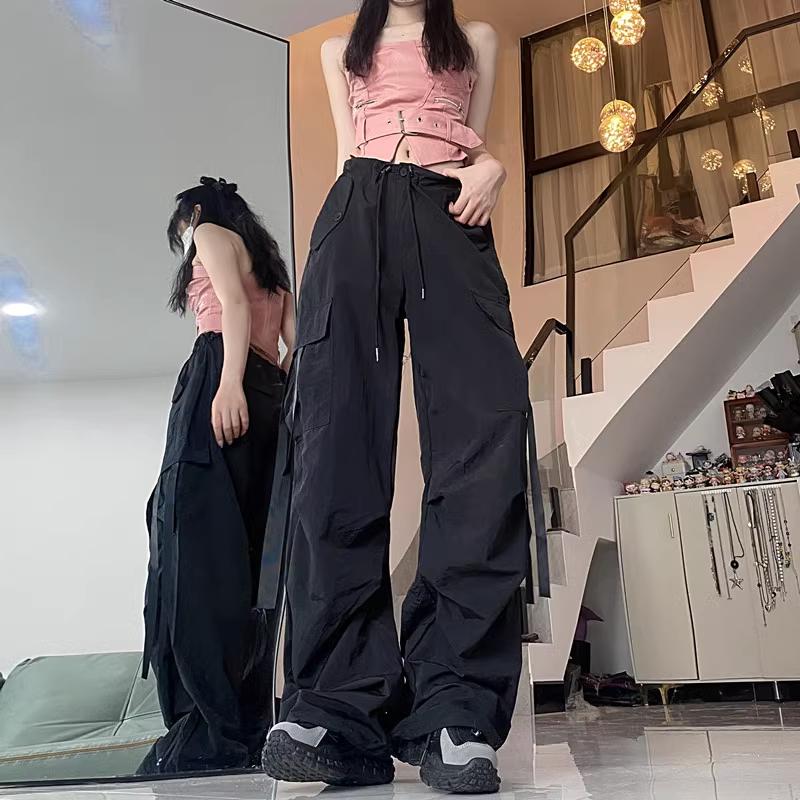 【現貨快速出】柔BuQ❤️👌▲實拍#美式工裝褲子女夏新款寬鬆設計感抽繩直筒束腳闊腿褲潮💘❤-細節圖3