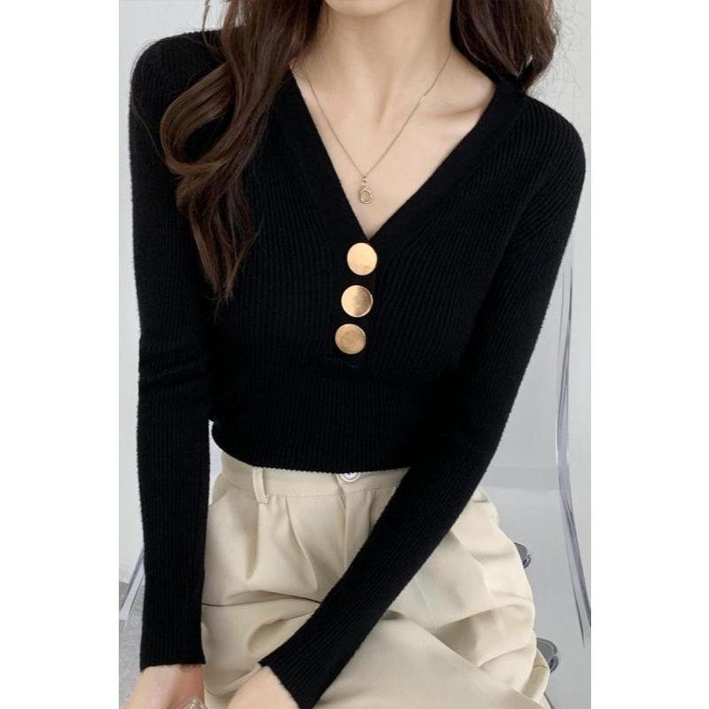 【現貨快速出】柔BuQ❤️📣👍實拍2023新款V領打底毛衣金屬扣子款韓版緊身時尚針織上衣女顯瘦❤〓-細節圖3