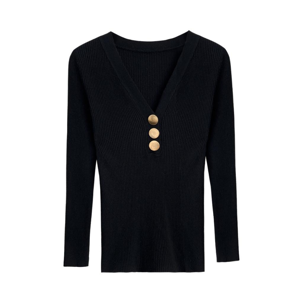 【現貨快速出】柔BuQ❤️📣👍實拍2023新款V領打底毛衣金屬扣子款韓版緊身時尚針織上衣女顯瘦❤〓-細節圖6