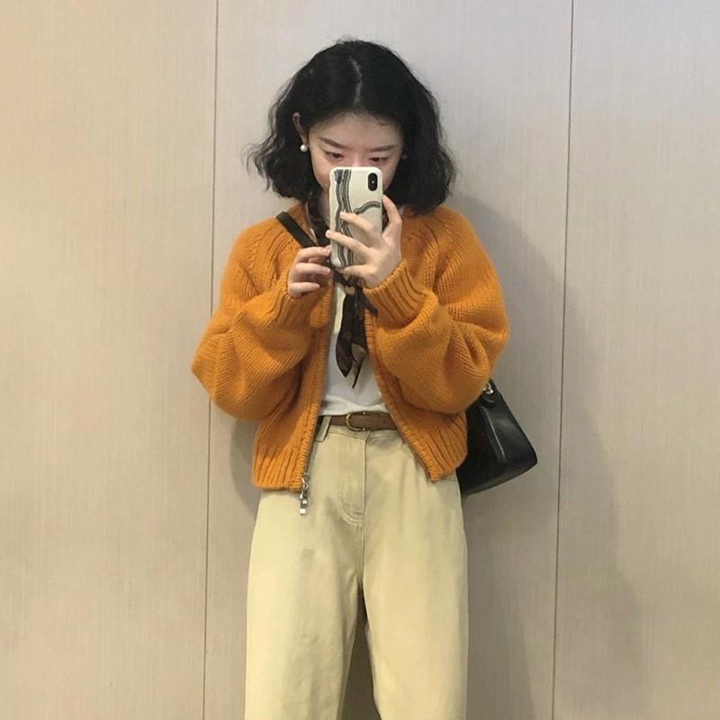 【現貨快速出】柔BuQ❤️💘▲圓領拉鏈毛衣外套女2023秋冬韓系溫柔寬鬆短款小個子針織開衫上衣🐱😘-細節圖2