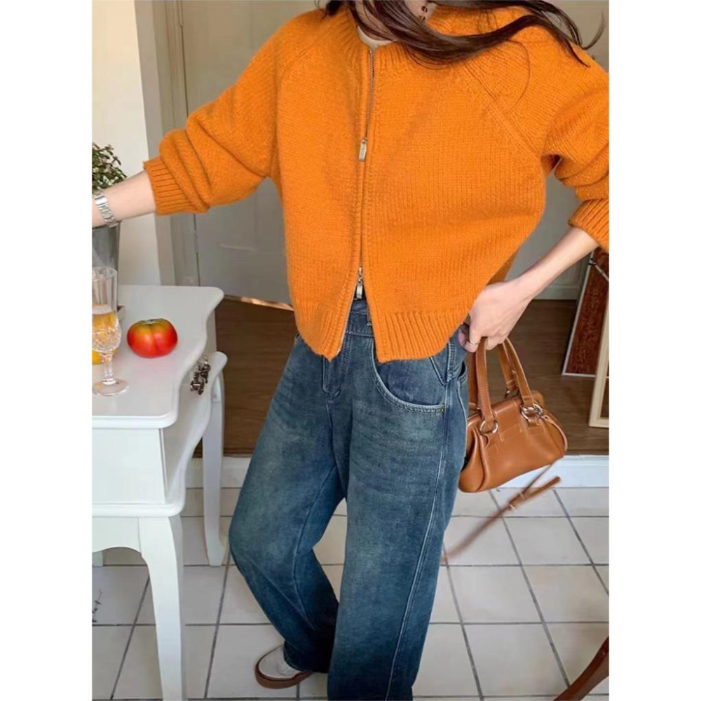 【現貨快速出】柔BuQ❤️💘▲圓領拉鏈毛衣外套女2023秋冬韓系溫柔寬鬆短款小個子針織開衫上衣🐱😘-細節圖5