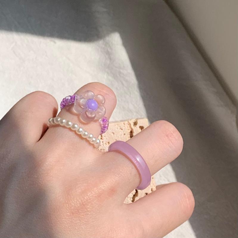 𝗦𝗽𝗿𝗶𝗻𝗚𝘂𝗮｜現貨｜紫色小花珍珠戒指套組 清新日系文藝溫柔精緻可愛花朵清純少女心串珠戒指-細節圖2
