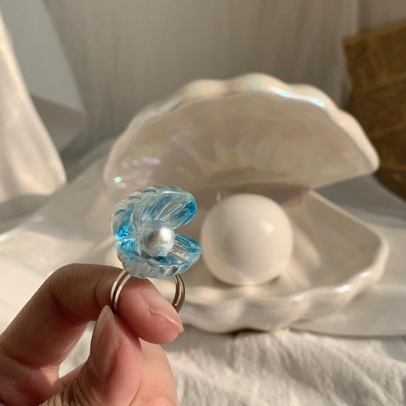 𝗦𝗽𝗿𝗶𝗻𝗚𝘂𝗮｜現貨｜湛藍貝殼珍珠戒指 海洋水晶可愛日系迷你精緻少女心趣味創意吊飾開口戒-細節圖5