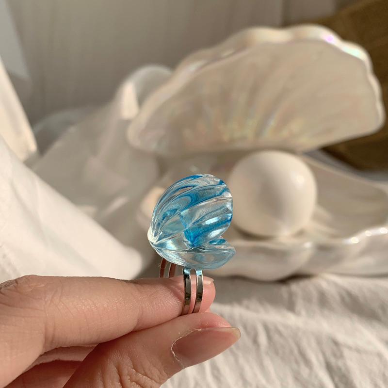 𝗦𝗽𝗿𝗶𝗻𝗚𝘂𝗮｜現貨｜湛藍貝殼珍珠戒指 海洋水晶可愛日系迷你精緻少女心趣味創意吊飾開口戒-細節圖6