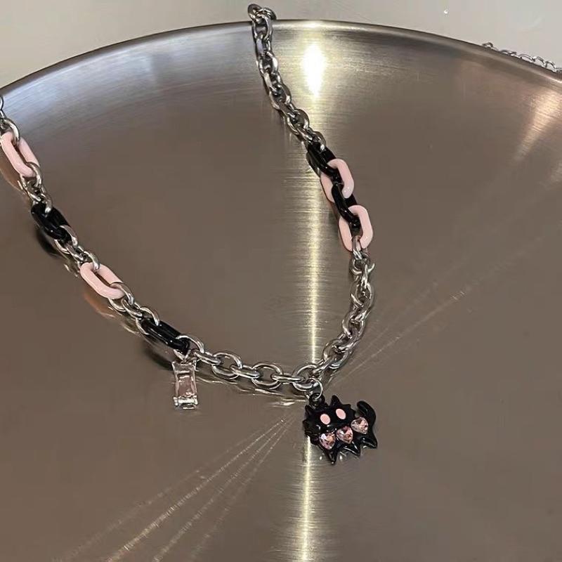 𝗦𝗽𝗿𝗶𝗻𝗚𝘂𝗮｜現貨｜甜酷粉黑小貓項鍊 y2k冷淡嘻哈小眾設計感鎖骨鏈圓圈頸鏈-細節圖5