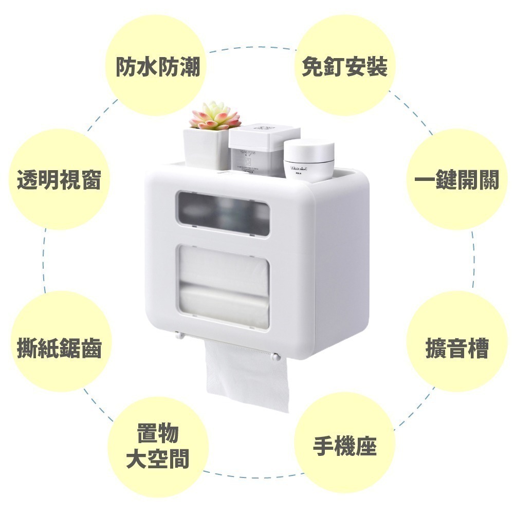 【限時購】FL生活+ 第二代無痕壁掛雙層雙槽防水衛生紙收納盒_A-028 免釘免鑽無痕貼 一貼即固定 上層可置物-細節圖2