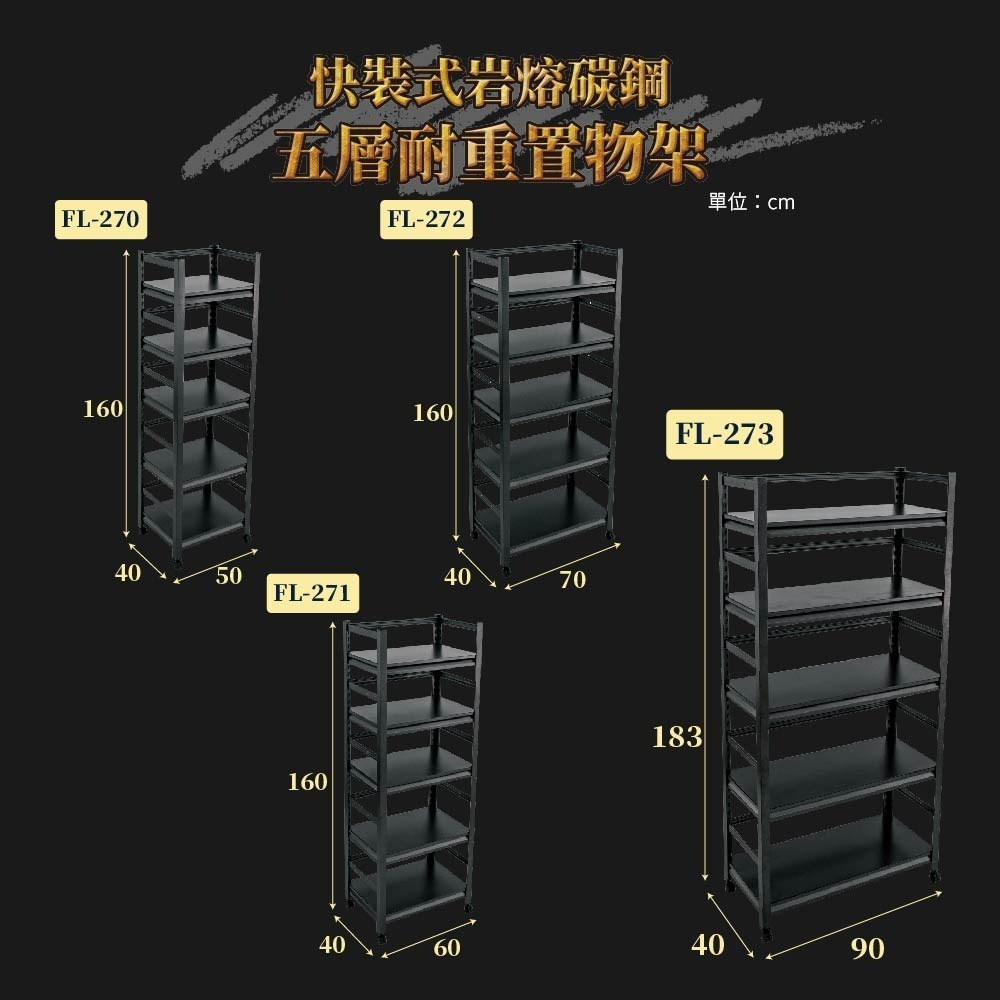 【FL生活+】快裝式岩熔碳鋼五層耐重置物架-40*50*160(FL-270)免螺絲 角鋼架 展示架 層架 廚房層架 書-細節圖11