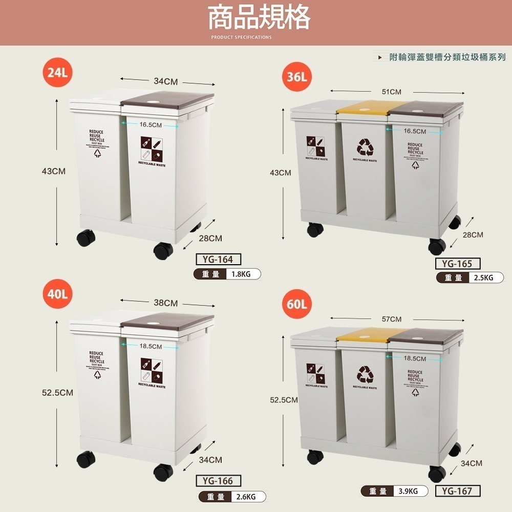 【FL生活+】附輪彈蓋分類垃圾桶 乾濕分離垃圾桶 回收垃圾桶 回收桶 垃圾桶 彈蓋垃圾桶 資源回收桶 廚房垃圾桶-細節圖11