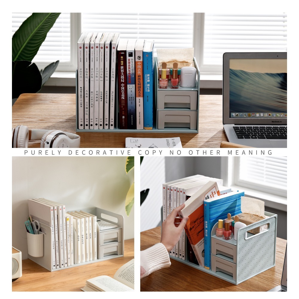 【FL生活+】桌面文件文具收納書架-送筆筒(A-169) 雙層抽屜 可當書架 側邊提把移動方便 小物收納 桌上收納-細節圖8