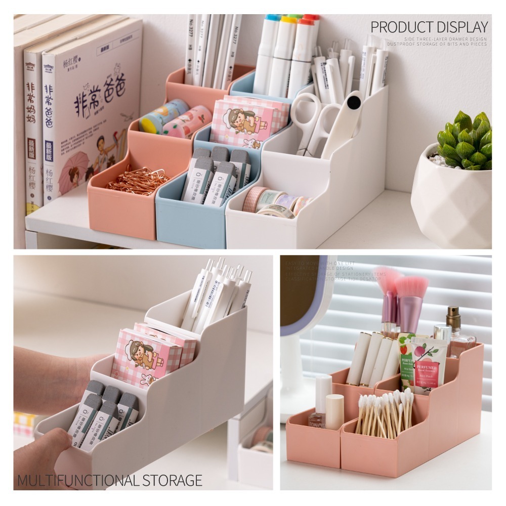 【FL生活+】階梯式桌上文具妝品收納盒(A-172)文具 筆類 口紅 妝品收納 3槽階梯式收納 可並聯使用 HIPS材質-細節圖7