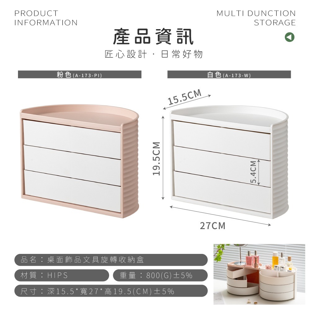 【FL生活+】桌面飾品文具旋轉收納盒(A-173) 3槽旋轉式收納盒 文具 小物 口紅 妝品收納 頂部防落置物平台-細節圖9