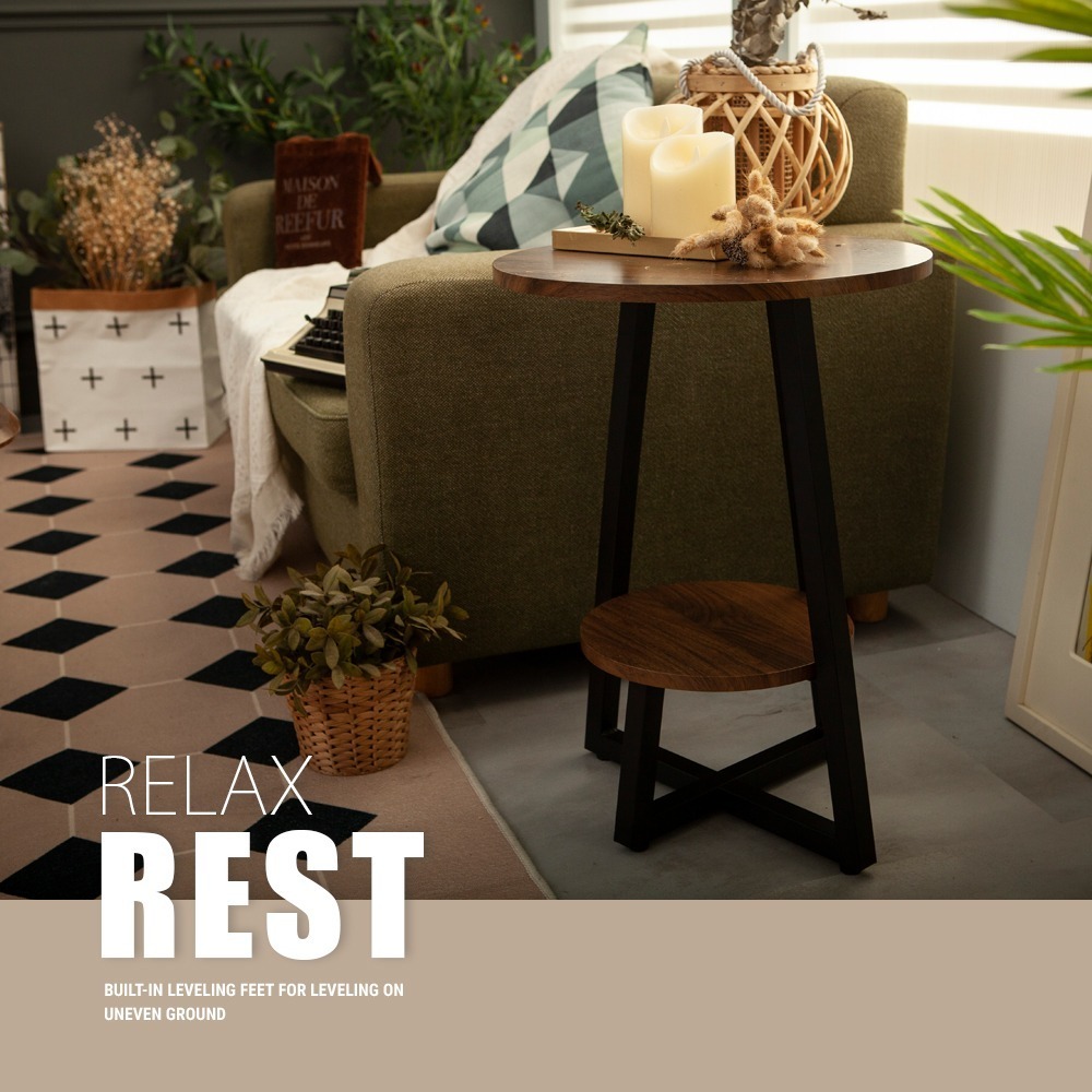 【FL生活+】木冶山居工業風雙層圓形茶几 60cm 鋼化加粗烤漆桌腳 內建水平調節腳 邊几 沙發邊几WO-017-細節圖9