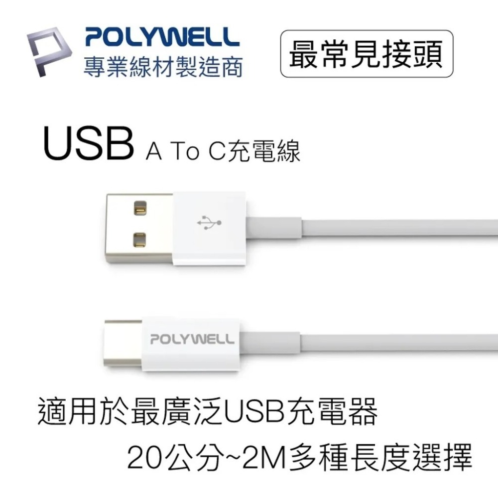 【POLYWELL】Type-A To Type-C USB 快充線 1米 2米 安卓 平板 華為 三星【蘑菇生活家電】-細節圖2