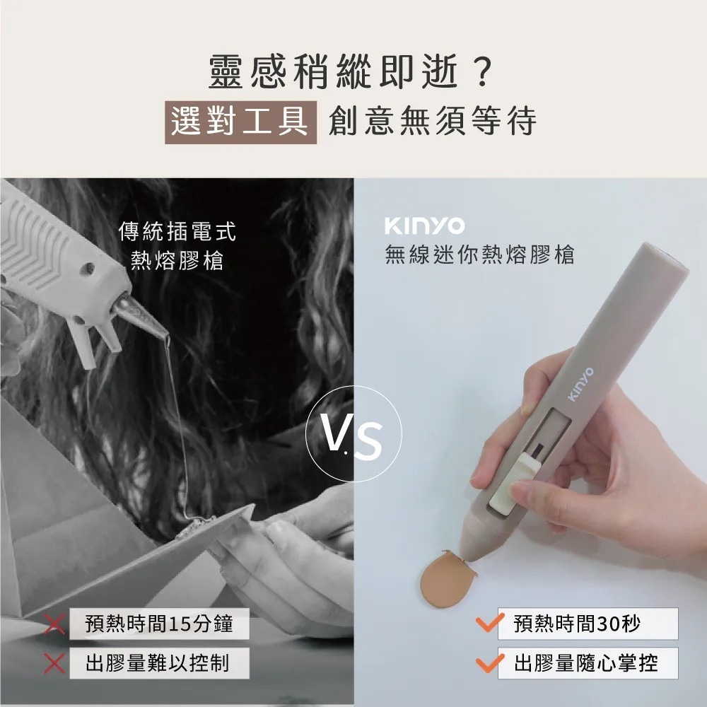 【KINYO】無線迷你熱熔膠槍 ET-5565 推桿式 熱熔膠 充電式熱融槍 USB直充 推桿式出膠【蘑菇生活家電】-細節圖2