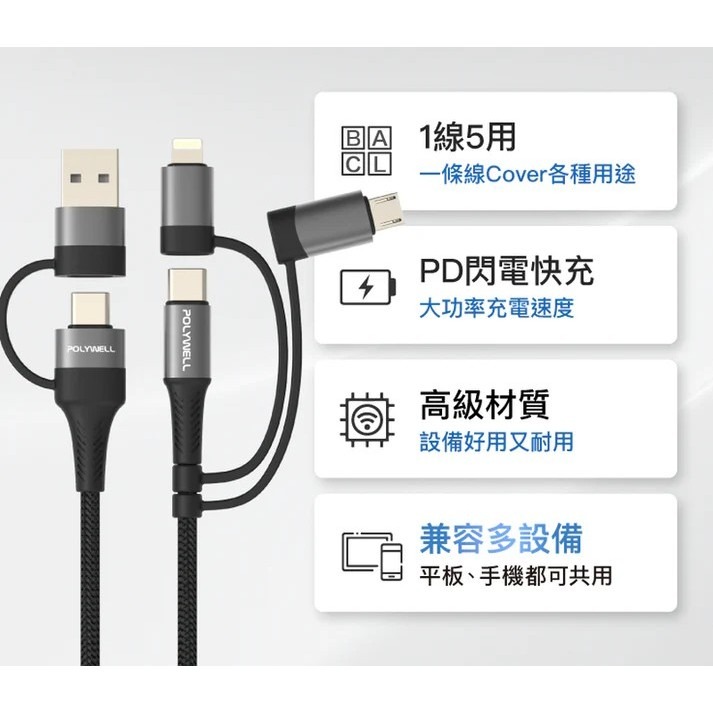 【POLYWELL】五合一PD編織快充線 USB-A+C+Lightning+Micro-B 1~2米【蘑菇生活家電】-細節圖4