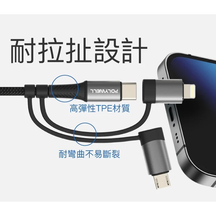 【POLYWELL】五合一PD編織快充線 USB-A+C+Lightning+Micro-B 1~2米【蘑菇生活家電】-細節圖9